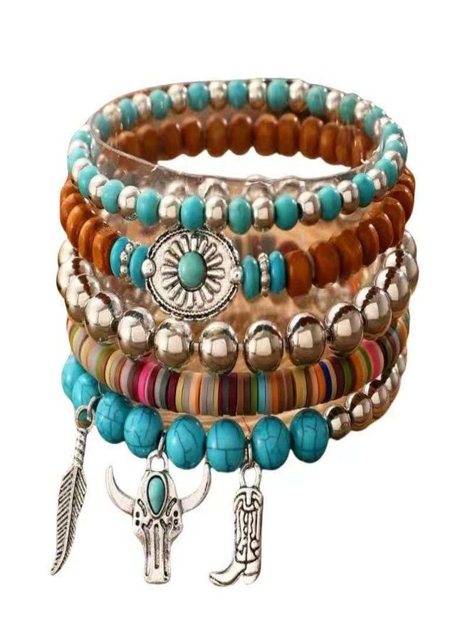 LOTSOF Western Turquoise Beaded Bracelet, Boho Stack Jewelry, Country Concert Cowgirl Style (Bull Head Style 5PCS) - Image 1